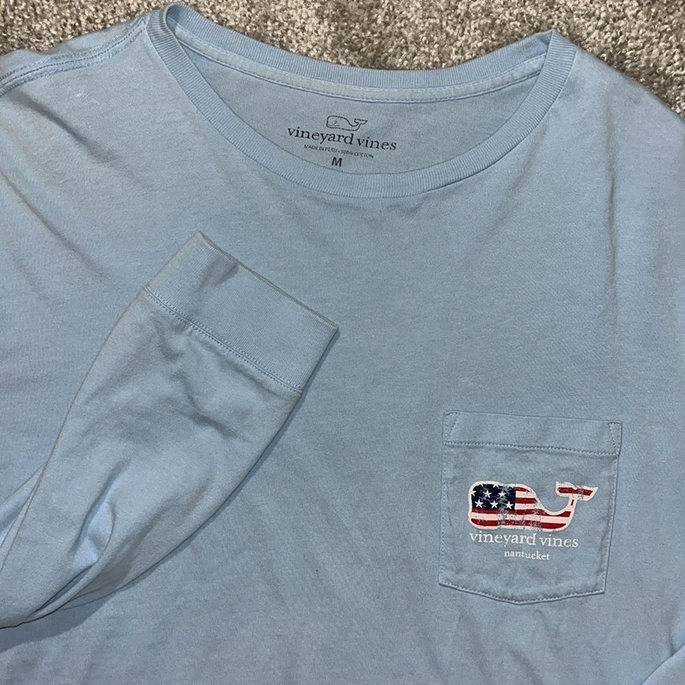 UNC Carolina Blue Nantucket Island Stars Stripes Whale Flag Pocket LS T Shirt M - Picture 3 of 5